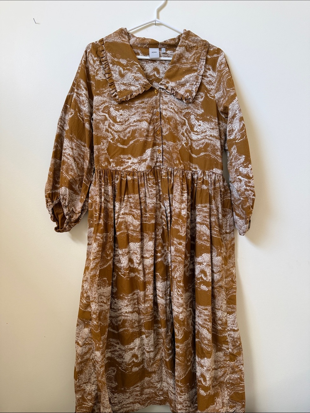 ICHI ruffle collar cotton midi maxi dress mustard yellow